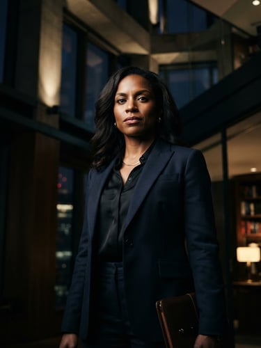 Low-angle portrait of a determined legal professional, dark suit, sharp gaze, in a modern, high-ceilinged office with deep shadows, dramatic lighting, deep navy and gold tones, 50mm lens.