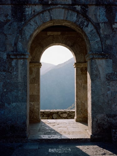 Quiet contemplative view of stone monastery archway, morning light filtering through, soft shadow, medium format film photography