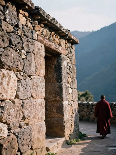 Close-up of ancient stone walls of the monastery in Peru, warm sunlight hitting the rough texture, a Benedictine monk walking in the distance, contemplative film photography.