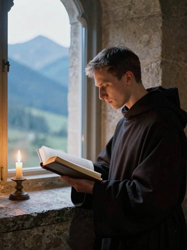 A Benedictine monk in dark robes reading a liturgical book near a stone window, soft natural candle light, contemplative atmosphere