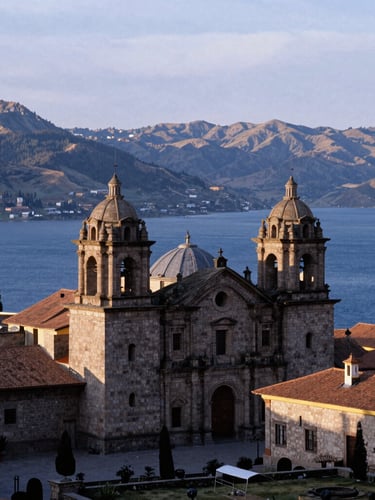 Wide-open panoramic view of the Benedictine monastery in Chucuito, stone architecture overlooking Lake Titicaca under soft morning light, contemplative film photography.