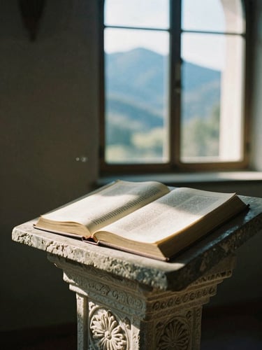 A close-up of an open liturgical book on a hand-carved stone lectern, warm morning light filtering through a monastery window, contemplative film photography style