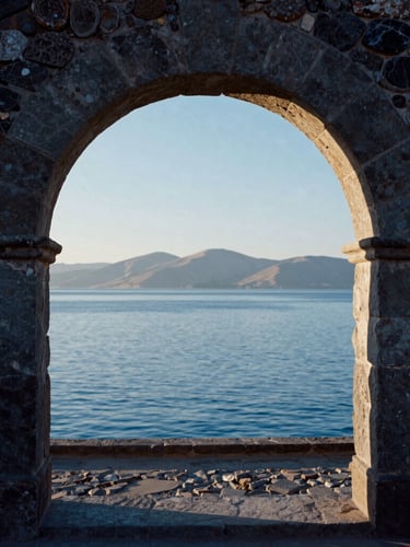 A quiet stone archway of the monastery overlooking the peaceful blue waters of Lake Titicaca, soft morning mountain light, contemplative atmosphere.