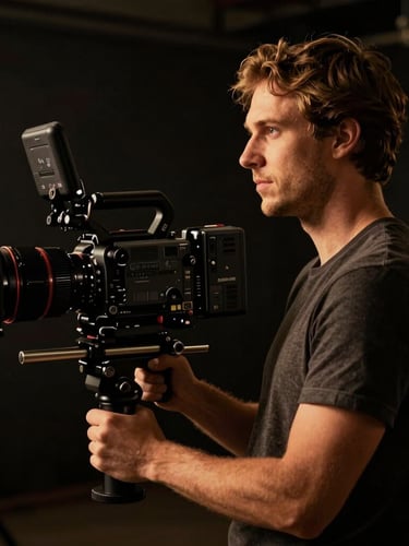 Dramatic environmental portrait of videographer Jeff Martins on a dark film set, low-key lighting with a warm gold key light highlighting his profile, holding a professional cinema camera rig, anamorphic crop.