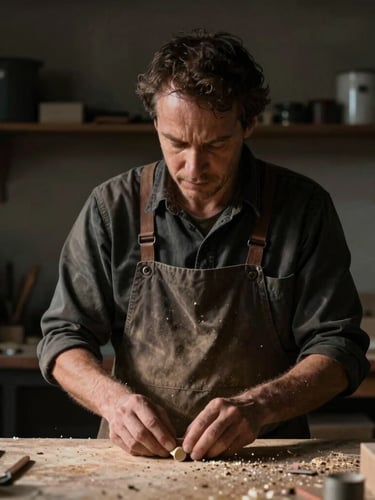 Cinematic portrait of a craftsman in a dark workshop, dramatic side lighting highlighting hands holding raw materials, anamorphic aspect ratio.
