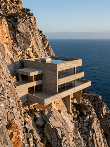 Ultra-wide anamorphic aerial view of a brutalist concrete villa built into a rugged cliffside, dramatic golden hour light casting long shadows, deep blue ocean below.