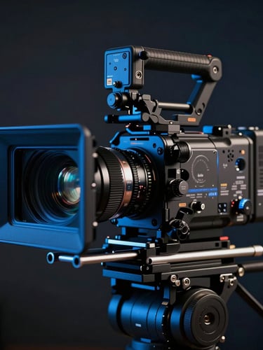 Anamorphic close-up of a high-end cinema camera rigged with a matte box and follow focus, illuminated by a moody blue key light in a dark studio setting.