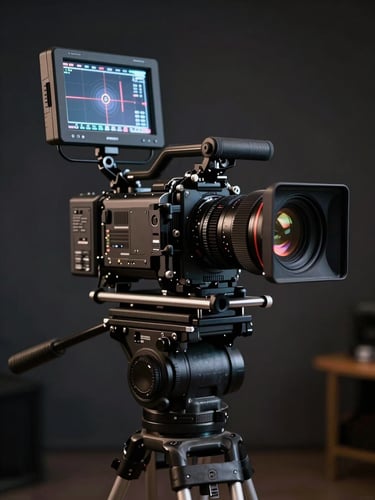A close-up of a high-end cinema camera rig on a tripod, field monitor glowing in a dark studio, moody low-key lighting, anamorphic lens reflections.