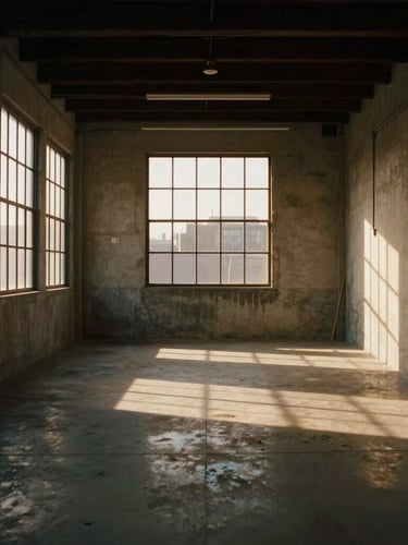 Wide cinematic environmental shot of a moody creative studio space in Los Angeles, concrete walls, warm golden-hour light streaming through industrial windows, high-contrast shadows, architectural frame, off-center composition, 35mm anamorphic lens