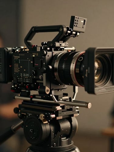 Cinematic close-up of a high-end camera rig on set, dramatic low-key lighting, deep shadows, warm beige reflections on the metallic frame, shallow depth of field, 35mm film photography style