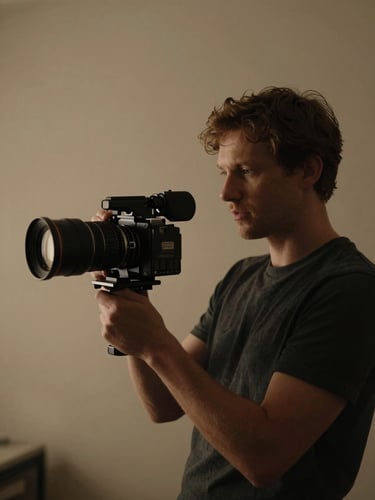 Dramatic low-key cinematic film portrait of a creative director holding an anamorphic lens camera, warm beige tones, deep shadows, 35mm