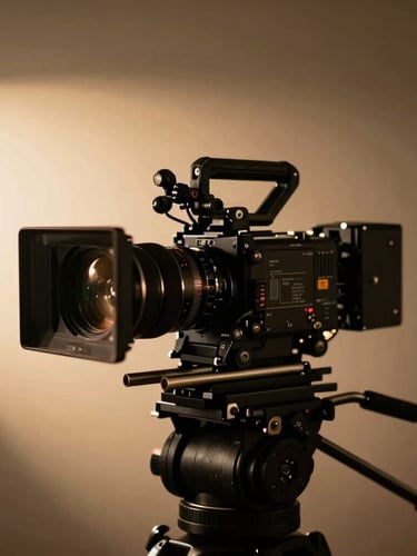 Low-key dramatic lighting on a high-end cinema camera rig, warm golden-hour flares, deep shadows, 35mm anamorphic lens