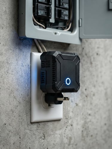 Macro product shot of the Smart Save hardware device plugged into a clean wall outlet near a breaker panel, cool blue indicator light glowing, sharp industrial design, 50mm.