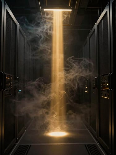 Dark high-tech server room shrouded in smoke with glowing gold light shafts cutting through deep shadows, cinematic 3d render, 35mm anamorphic lens