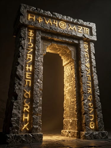 Cinematic 3d render of a monolithic stone gateway carved with glowing gold runes, dramatic gold backlighting, high-contrast chiaroscuro, 35mm lens
