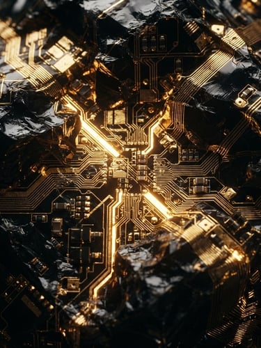 Extreme macro of metallic gold circuitry embedded in dark obsidian, glowing gold light cutting through deep shadows, cinematic 3d render, 35mm anamorphic lens