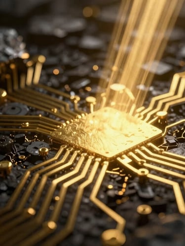 Extreme macro of metallic gold circuitry embedded in dark obsidian stone, glowing gold light shafts cutting through deep shadows, cinematic 3d render