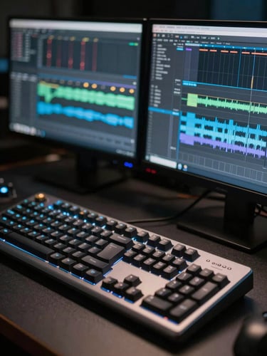 Macro shot of a professional non-linear editing desk, high-end mechanical keyboard, dual-monitor setup showing complex timeline audio waveforms, cool-toned ambient backlighting.