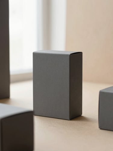 Minimalist physical packaging mockup, clean geometric boxes in muted charcoal and ash gray tones, soft overcast window light, 50mm lens.