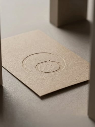 Close-up of physical brand collateral with embossed textures on heavy paper stock, soft overcast daylight, architectural framing, 50mm lens