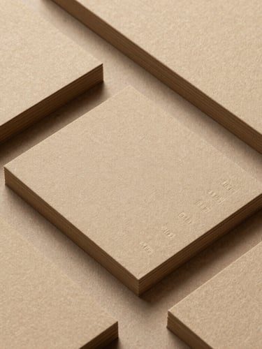 Close-up of minimalist printed stationery, embossed business cards on warm sand textured paper stock, soft natural daylight, architectural alignment.