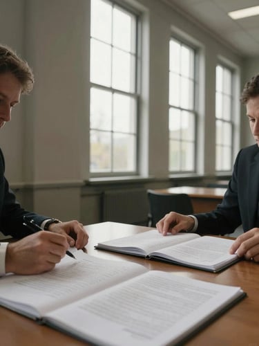 Medium-wide environmental shot, two people seated across a table reviewing printed documents, north-facing daylight through tall windows, hands resting on open folders, a pen mid-motion on the left, quiet institutional interior with warm gray walls
