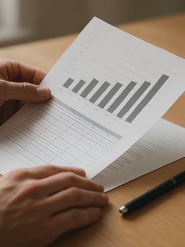 Close-up of a person's hands turning the page of a printed financial comparison document on a wooden desk, a pen resting nearby, soft north-facing daylight from an off-frame window, clean desk surface with minimal objects, calm and focused atmosphere