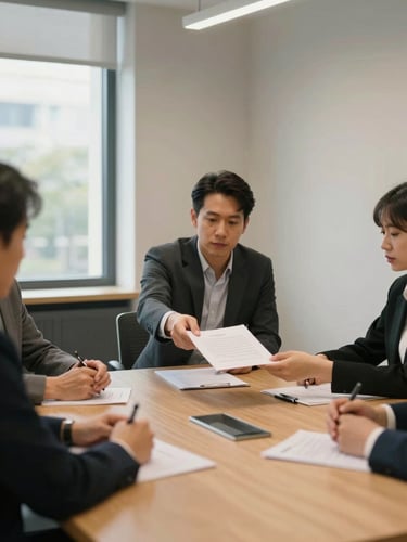 Wide environmental shot of three people around a conference table, one person sliding a document toward the others, north-facing daylight from a window to the left, hands visible on the table surface, moment just before a decision is made, calm institutional interior