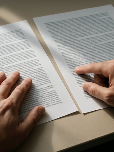 Close-up of hands on a desk with two open documents side by side, one hand pointing to a line of text, overhead natural light casting soft shadows, papers slightly overlapping, clean institutional desk surface visible at edges
