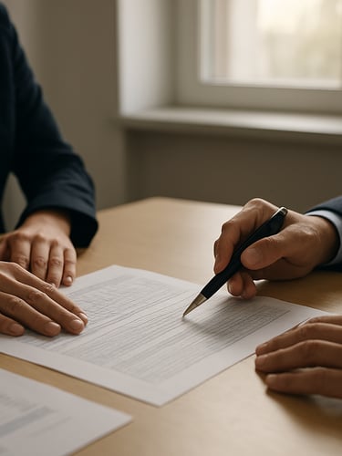 Medium-wide shot of two people seated across a table in a naturally lit institutional interior, hands resting on printed financial documents mid-review, north-facing window light falling across the papers, one person's pen poised at a comparison row — the physical moment a decision is about to be made