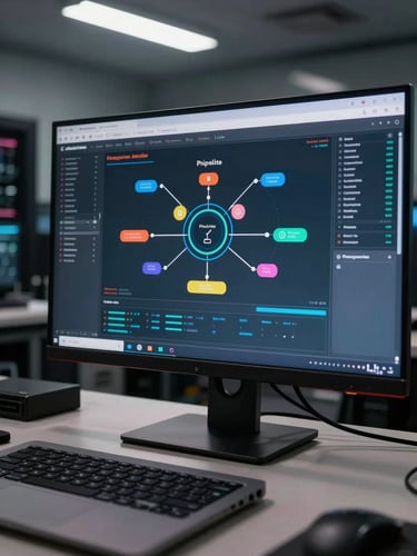 Close-up of a wide enterprise dashboard on a monitor in a dim server-room office, claims data pipeline visualized as node graphs on screen, fluorescent overhead light casting precise shadows on desk surface, laptop keyboard in foreground
