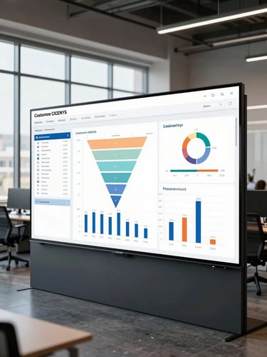 Wide shot of a business intelligence dashboard displayed on a large office wall screen, customer data segments and funnel charts visible, open-plan enterprise office in background with rows of desks, daylight from tall windows