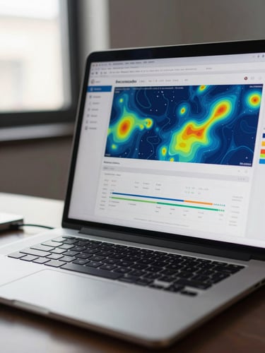 Close-up of a laptop screen displaying a fraud detection analytics dashboard with heatmaps and anomaly scatter plots, office daylight from a window to the left, dark desk surface in foreground, cables partially visible