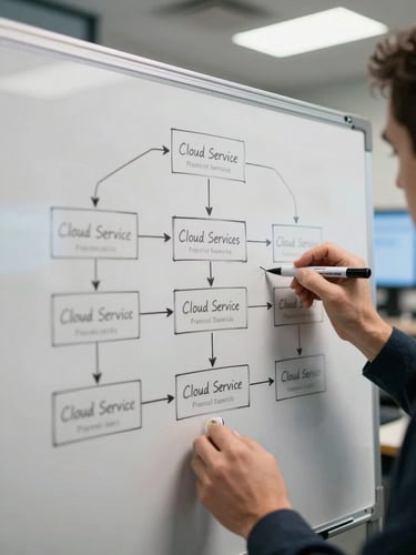 Architect's hands sketching a system architecture diagram on whiteboard in a conference room, marker lines showing data flow between boxes labeled with cloud service names, fluorescent office lighting, blurred monitor screens in background