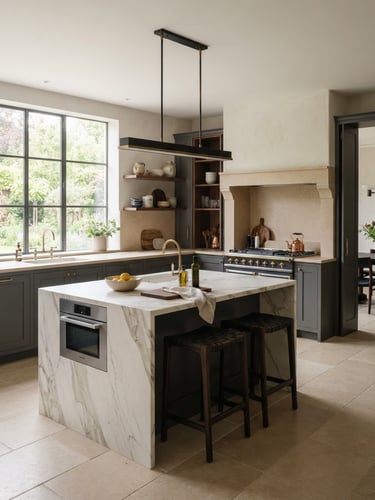 Bright architectural interior photography of a luxurious bespoke kitchen, warm stone and charcoal tones, soft natural daylight, sharp focus, 35mm