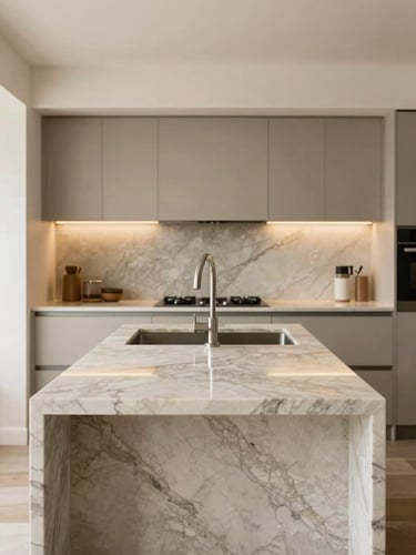 Straight-on architectural shot of a modern kitchen island with waterfall marble worktop, warm lighting, sharp focus, 35mm
