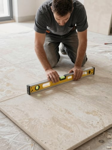 A professional tiler using a precision level on a large-format stone tile, clean work environment with protective sheets, bright natural daylight, 35mm
