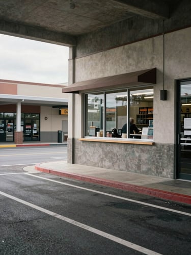 Environmental wide shot of a drive-through cafe lane at a commercial plaza, overcast daytime light, concrete canopy visible overhead, lane markings on asphalt, service window in mid-frame, no people, industrial and functional in character