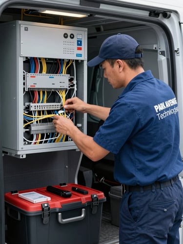 Medium shot of a Park Avenue Technologies field technician in branded uniform, actively working on structured cabling inside a utility van, tools organized, clean and bright commercial lighting, sharp focus on physical technology.