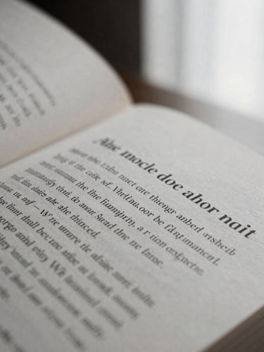 A close-up macro shot of open book pages showing elegant serif typography, tactile paper texture, soft side lighting with deep shadows, desaturated tones.