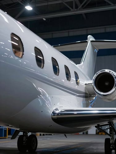 Sleek private jet fuselage reflecting hangar lights, cool metallic silver and deep navy tones, sharp focus, high-contrast architectural framing
