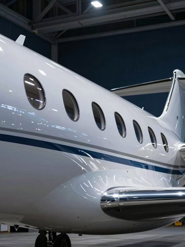 Sleek private jet fuselage reflecting dramatic hangar lights, cool-toned metallic silver reflections, sharp architectural lines