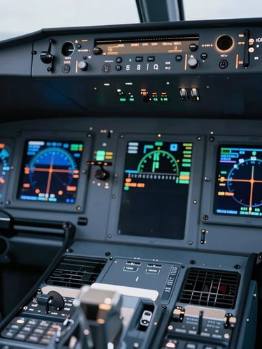Close-up of high-end cockpit avionics, glowing digital flight deck instruments reflecting cool metallic tones, sharp geometric focus