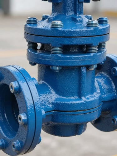 Close-up of a heavy-duty blue epoxy-coated cast iron gate valve, industrial bolts and flange details, sharp technical lighting, daylight.