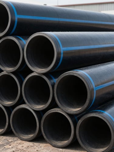Close-up of a heavy-duty black HDPE pipe with blue stripes, stacked neatly in an industrial yard under crisp daylight
