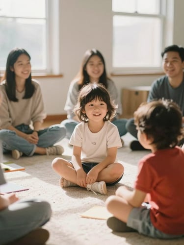 Candid, warm-toned photograph of a community learning environment with parents and young children sitting together on a soft rug, natural morning light streaming through large windows, shallow depth of field, 35mm film look.