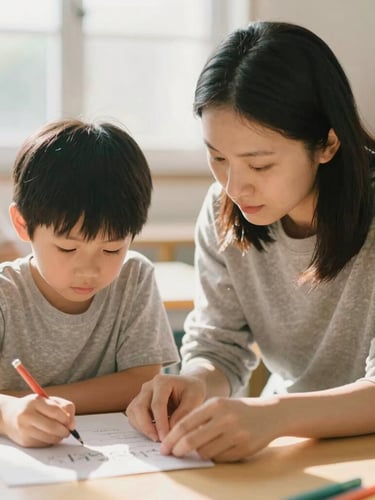 Candid medium shot of a mentor guiding a parent and child through an educational activity, warm afternoon daylight, soft organic tones, 35mm film look