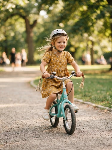 Warm editorial photography of a smiling child balancing on a bicycle in a sunny park, soft natural daylight, shallow depth of field, 35mm
