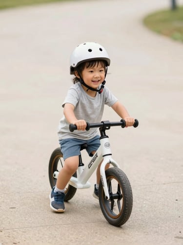 A young child smiling while riding a balance bike on a smooth park path, wearing a helmet, warm natural daylight, candid medium shot, shallow depth of field