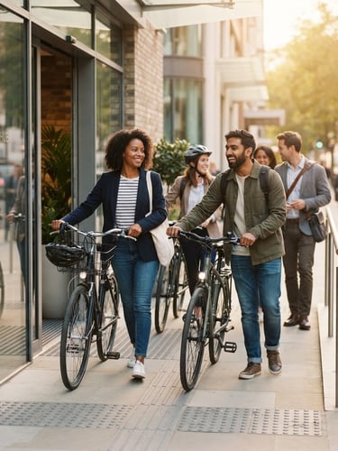 Candid editorial photo of diverse office colleagues in smart-casual wear wheeling commuter bicycles out of a modern workplace entrance, warm morning sunlight, shallow depth of field.